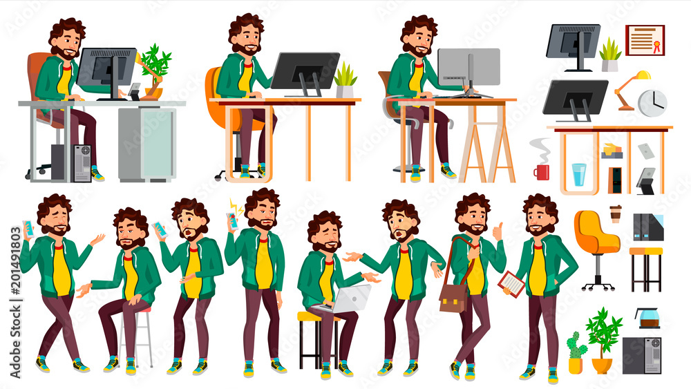 Office Worker Vector. Face Emotions, Various Gestures. Business Human. Smiling Manager, Servant, Workman, Officer. Flat Character Illustration