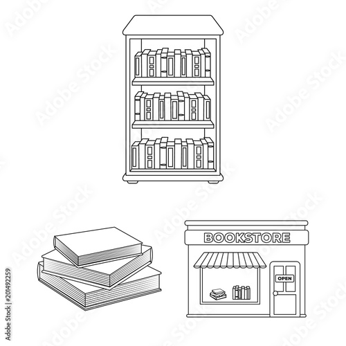 Library and bookstore outline icons in set collection for design. Books and furnishings vector symbol stock web illustration.