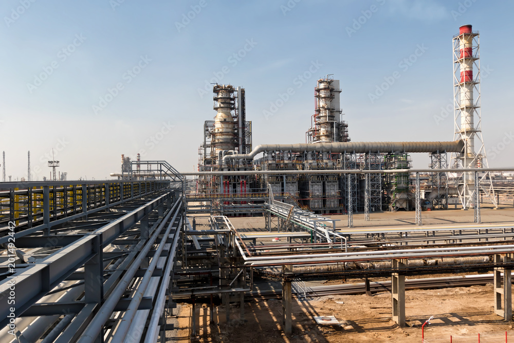 View of the new columns and chemical apparatus plant for oil refining at refinery