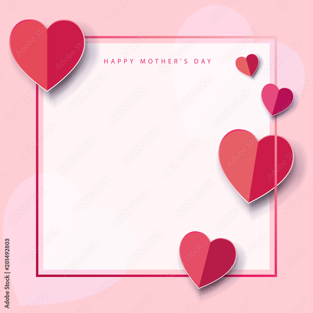 Mother's Day greeting card with ribbon, hearts, pink background. Spring Holiday decoration, origami, paper cut texture, copy space for text vector 