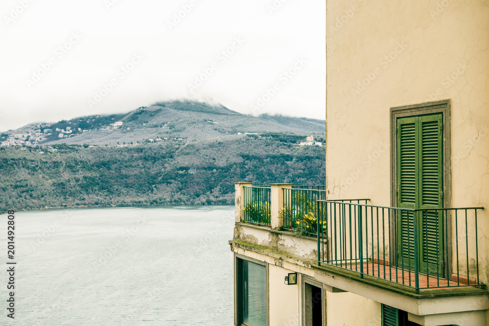 building with view on lake albano and alban hills in Castel Gandolfo, Rome suburb, Italy
