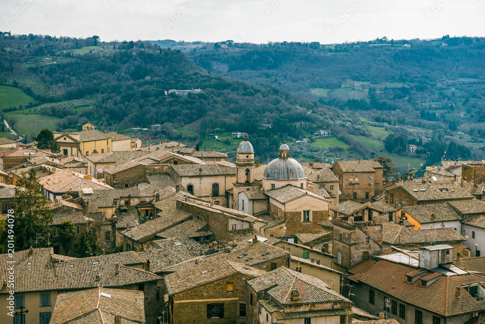 aerial view of buildings and church in Orvieto, Rome suburb, Italy