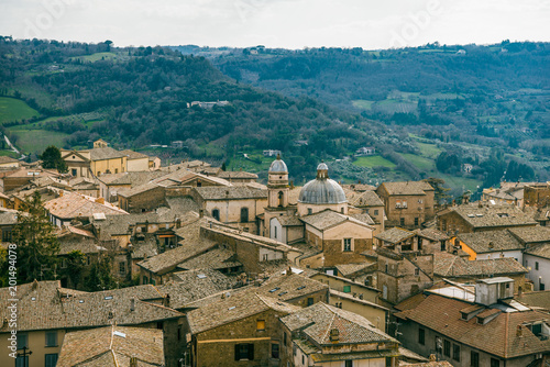 aerial view of buildings and church in Orvieto, Rome suburb, Italy
