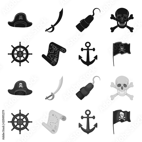 Pirate, bandit, rudder, flag .Pirates set collection icons in black,monochrome style vector symbol stock illustration web.