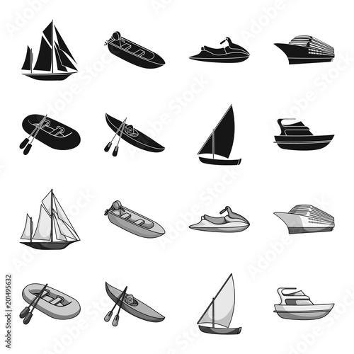 A rubber fishing boat, a kayak with oars, a fishing schooner, a motor yacht.Ships and water transport set collection icons in black,monochrome style vector symbol stock illustration web.