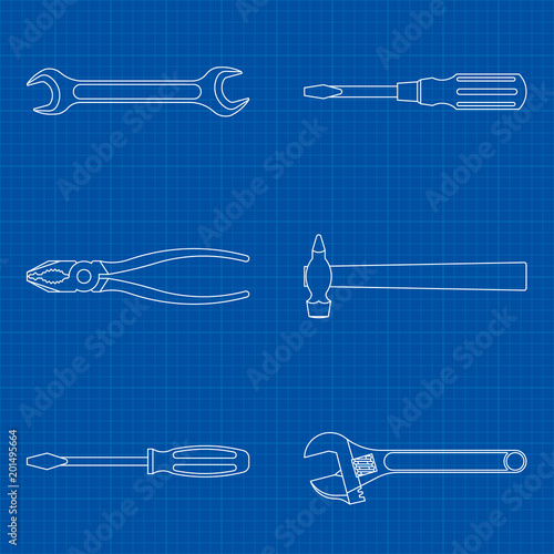 Tool for home repair on the background of the blueprint. Hammer, screwdriver, wrench, pliers. EPS10.