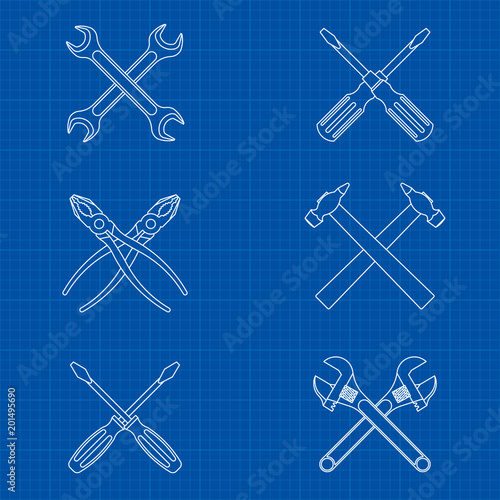 Tool for home repair on the background of the blueprint. Hammer, screwdriver, wrench, pliers. EPS10.