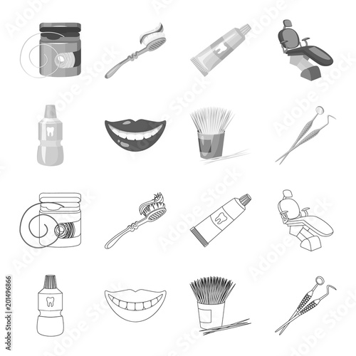 Dental sterile liquid in the jar, lips, teeth, toothpicks in the jar, medical instruments for the dentist. Dental care set collection icons in outline,monochrome style vector symbol stock illustration