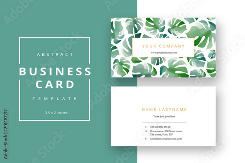 Trendy minimal abstract business card template. Modern corporate stationery id layout with monstera leaves. Vector fashion green background design with information sample name text.