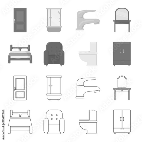 A bed, an armchair, a toilet, a wardrobe.FurnitureFurniture set collection icons in outline,monochrome style vector symbol stock illustration web.