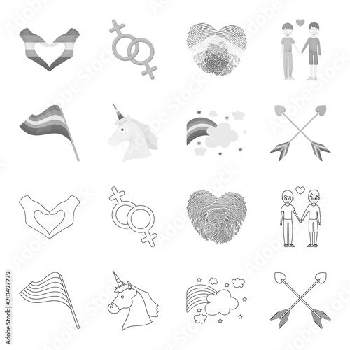 Flag, unicorn symbol, arrows with heart.Gay set collection icons in outline,monochrome style vector symbol stock illustration web.