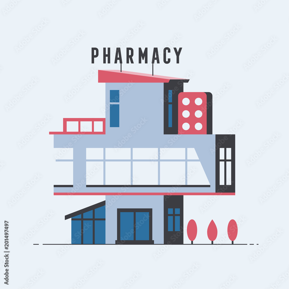 Pharmacy drugstore flat design. Vector illustration. Outdoor facade. Pharmacy drugstore flat design. Vector illustration. Outdoor facade.