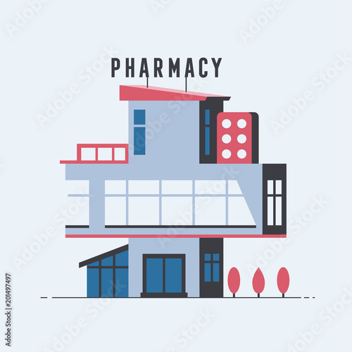 Pharmacy drugstore flat design. Vector illustration. Outdoor facade.