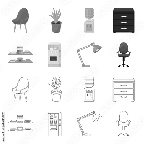 Shelves, folders and notebooks with business records, a coffee machine with cups, an armchair with a backrest on wheels, a desk lamp. Office Furniture set collection icons in outline,monochrome style