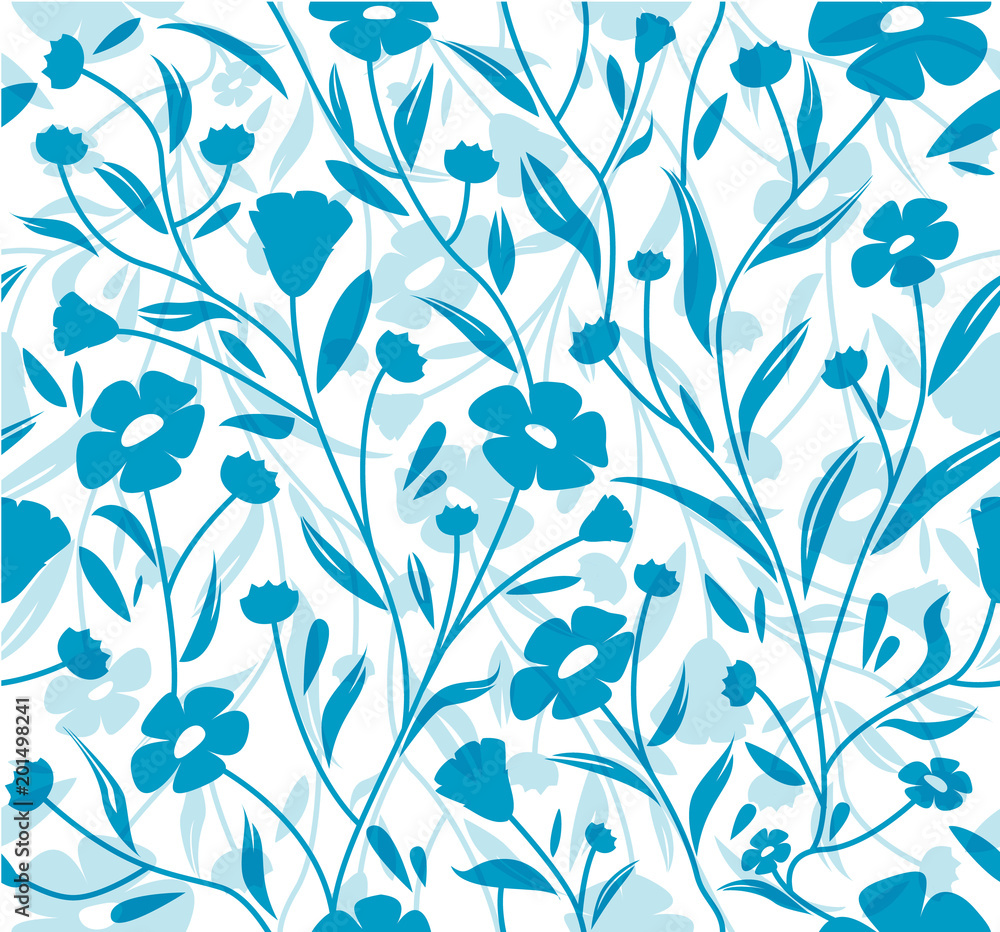 Flax flower with leaves seamless blue pattern Flax flower with leaves seamless blue pattern