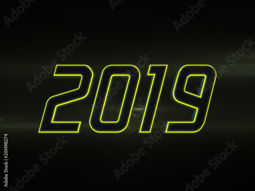 2019 new year modern futuristic yellow text glowing on dark background 3D render