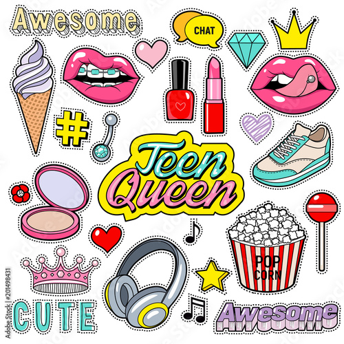 Trendy sticker pack heart, crown, lips, diamond. Cute fashion stikers kit. Doodle pop art sketch badges and pins. Vector hand drawn patches set isolated