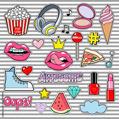 Trendy sticker pack heart, crown, lips, sneakers, cloud, diamond. Cute fashion stikers kit. Doodle pop art sketch badges and pins. Vector hand drawn patches set isolated