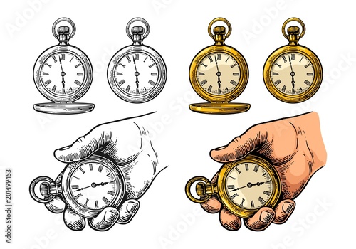 Antique pocket watch. Vector vintage color engraving isolated on white