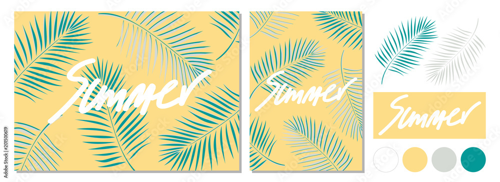 Poster design for Summer with calligraphy and coconut leaves.