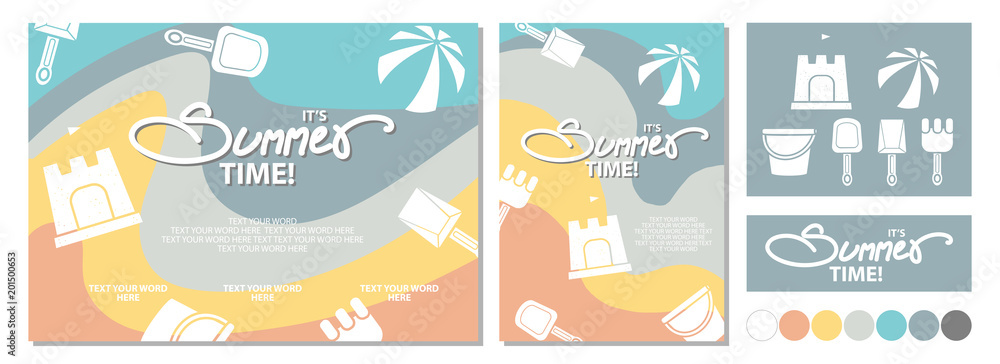 Poster design for Summer with calligraphy and space for text and beach toys on colorful background.