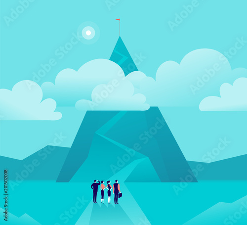 Vector business concept illustration with businessmen, women standing in front of mountain pic & watching on top. Metaphor for growth, new aim & goal, team work & partnership, aspiration, motivation. © artflare