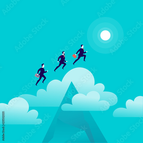 Vector flat illustration with office people jumping above mountain peak on blue sky with isolated clouds. Motivation, moving upwards, aspirations, new aims and perspectives, achievements - metaphor.