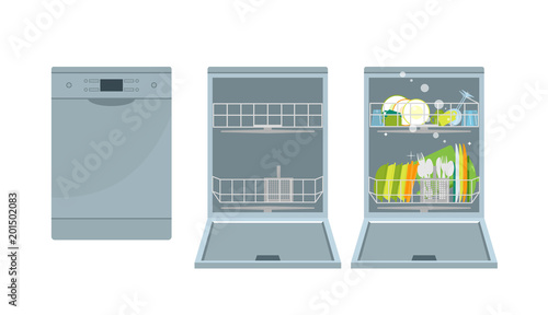 The dishwasher with the closed door, with the open door without utensils and with utensils. Isolated vector objects. Flat illustration. photo