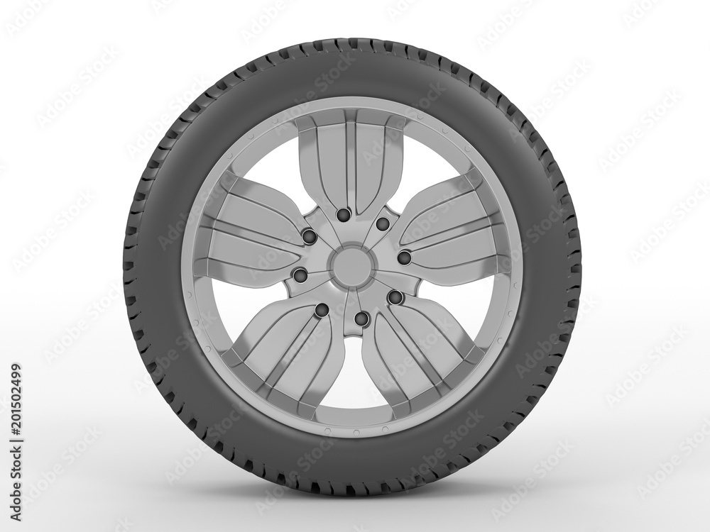 3d illustration of a machine wheel with a tire isolated on a white background.