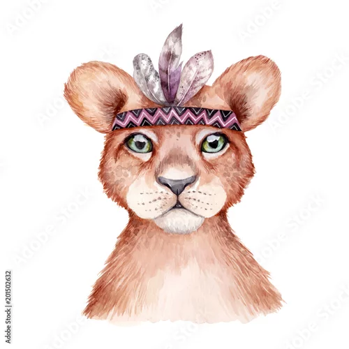 Naklejka na ścianę Słodkie dzikie zwierzę boho. Portret lwa z piórami. Akwarela ilustracja, idealna do plakatu pokoju dziecinnego