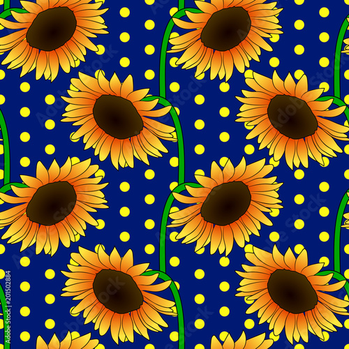 Vector illustration, bright seamless floral pattern in vintage style, beautiful cartoon orange sunflower flowers on blue dotted background