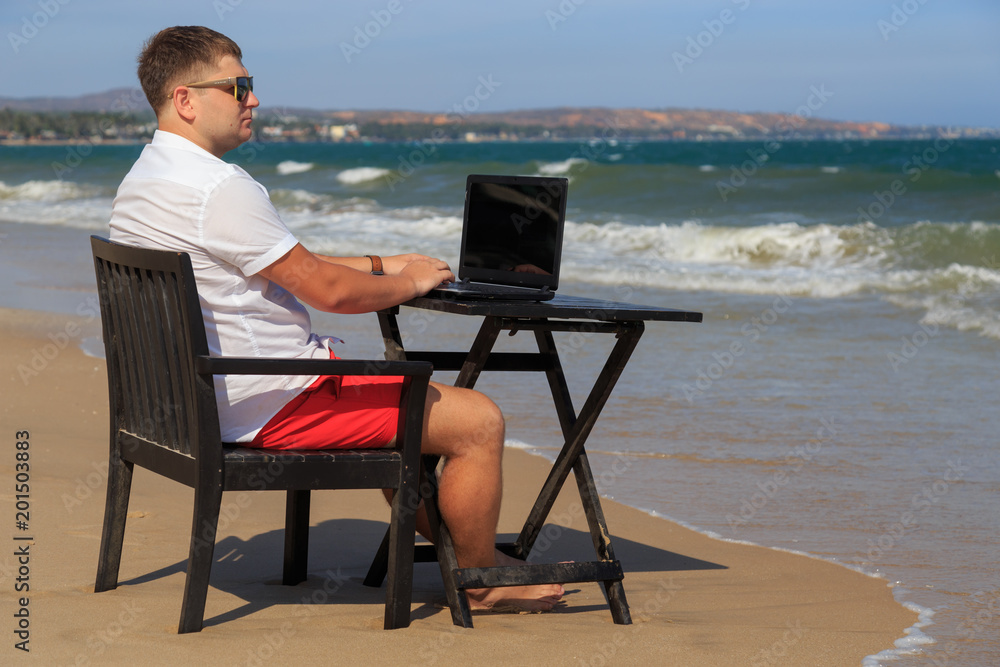 Business Man Working on Tropical Beach