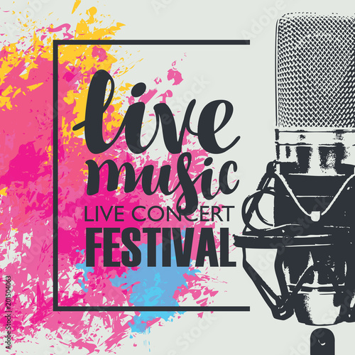 Vector poster for a live music festival with a realistic microphone on abstract background of bright colored spots