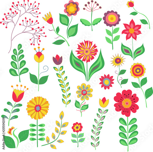 Summer flower vector set on white background, doodle style imitation. Decorative beautiful flowers and leaves