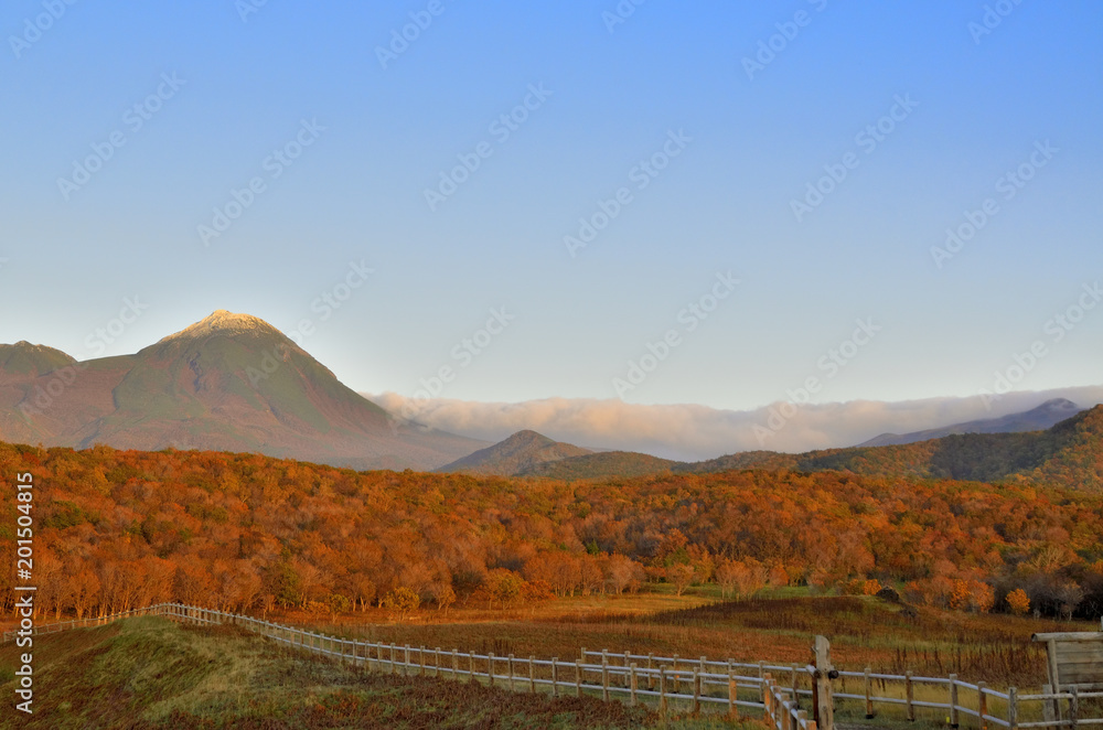 秋色の知床連山
