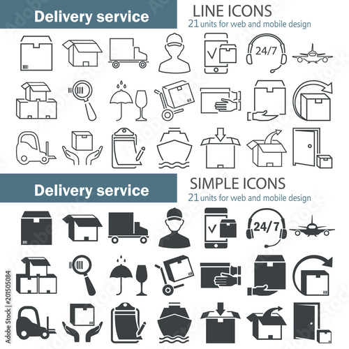 Delivery service simple and line icons set for web and mobile design
