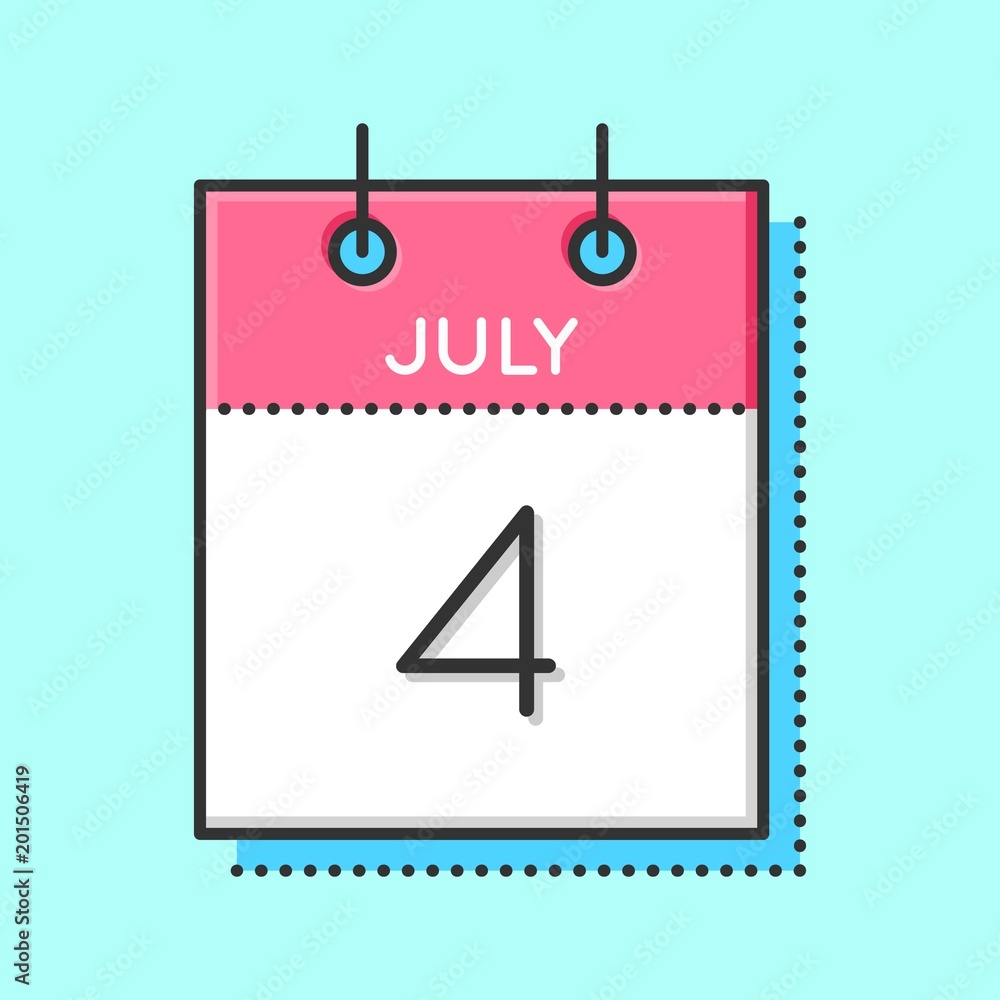 Vector Calendar Icon. Flat and thin line vector illustration. Calendar sheet on light blue background. July 4th. Fourth of July Independence Day Vector Calendar Icon. Flat and thin line vector illustration. Calendar sheet on light blue background. July 4th. Fourth of July Independence Day