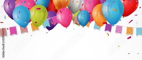 Colorful birthday banner with bunting flags and confetti