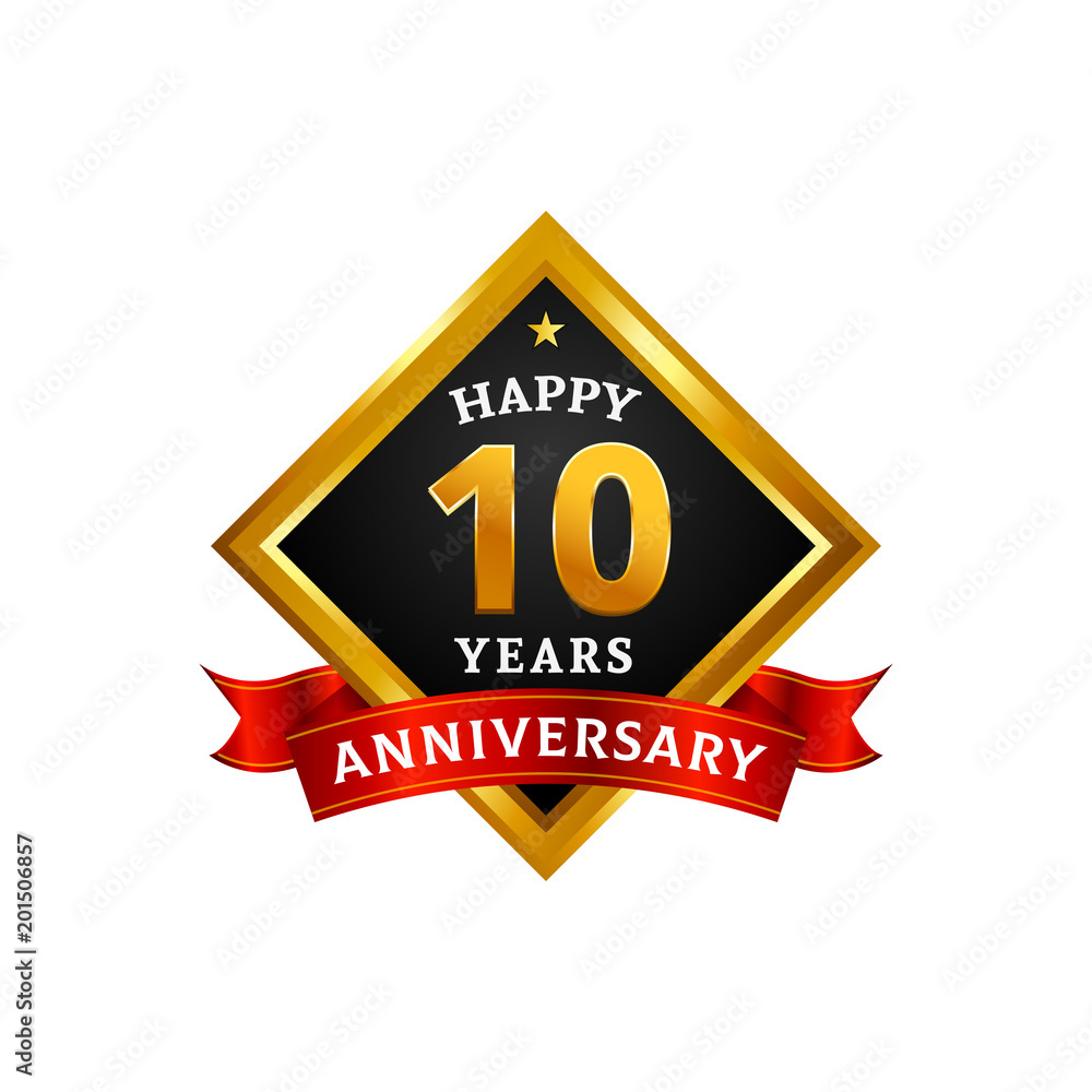 Happy 10 years golden anniversary logo celebration with diamond frame and ribbon.