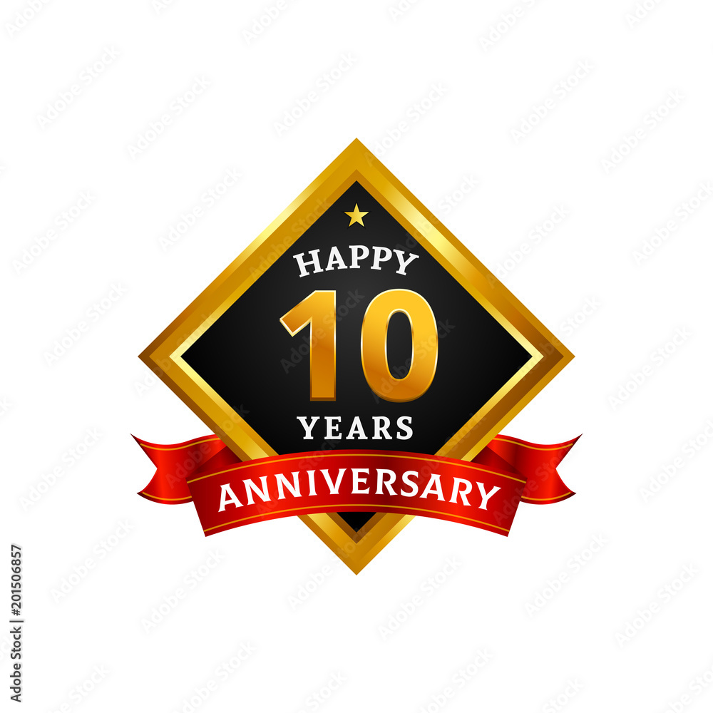 Happy 10 years golden anniversary logo celebration with diamond frame and ribbon. Happy 10 years golden anniversary logo celebration with diamond frame and ribbon.