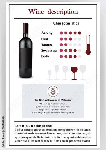 Vector illustration.Brochure,form describing the characteristics of red wine.Feed temperature,brief description,history of origin, tableware glass for serving,taste criteria.Tannins,acidity,fortress.