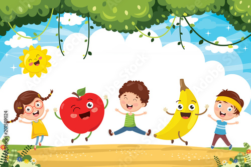 Vector Illustration of Kids and Fruit Characters