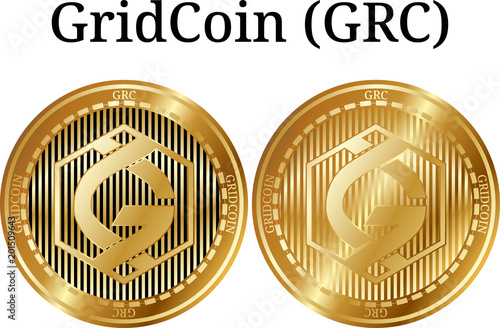 Set of physical golden coin GridCoin (GRC) photo