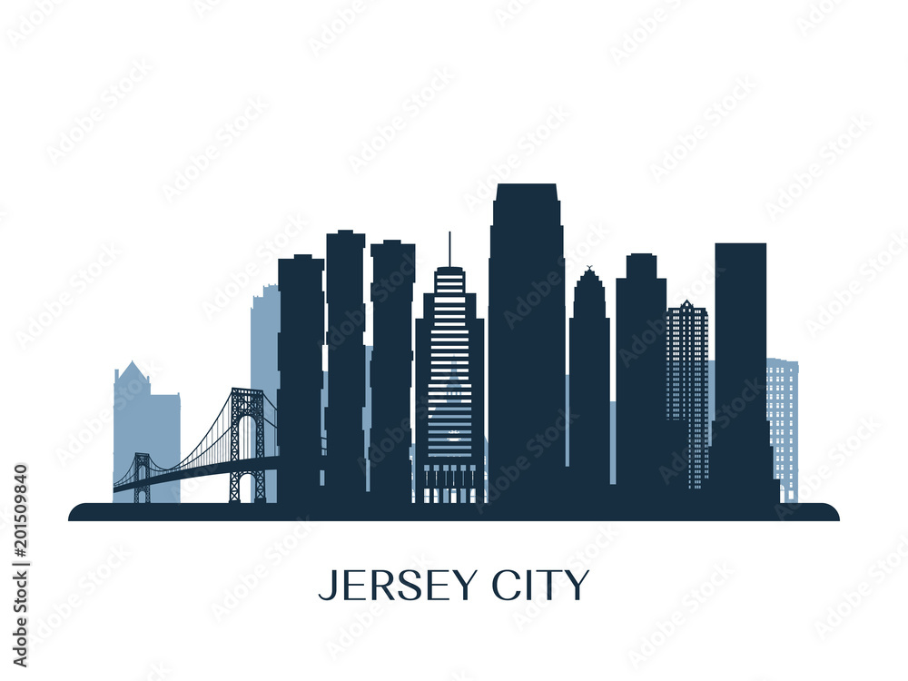 Jersey City skyline, monochrome silhouette. Vector illustration.