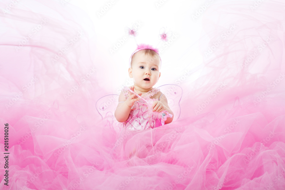 Baby Girl in Pink Dress, Beautiful Child Portrait, Cute Infant Kid Dressed in Fairy Butterfly Costume Baby Girl in Pink Dress, Beautiful Child Portrait, Cute Infant Kid Dressed in Fairy Butterfly Costume