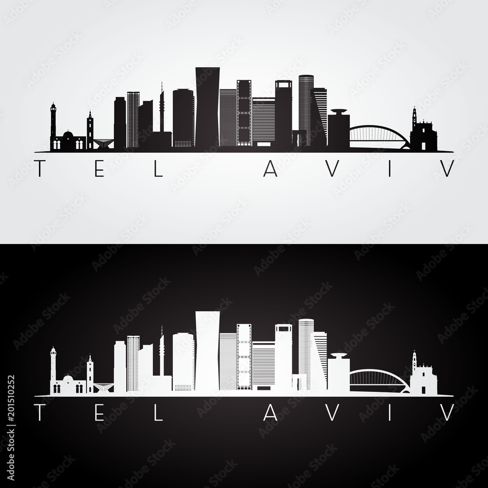 Tel Aviv skyline and landmarks silhouette, black and white design, vector illustration.