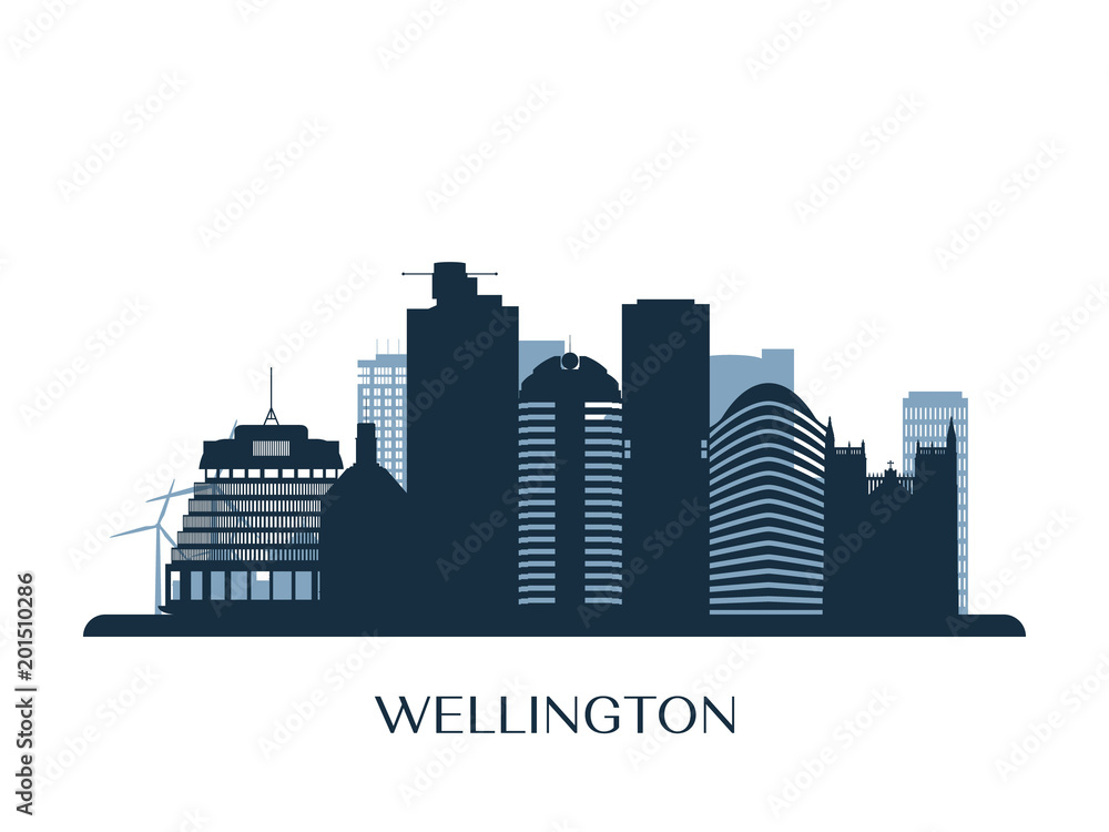 Wellington skyline, monochrome silhouette. Vector illustration.