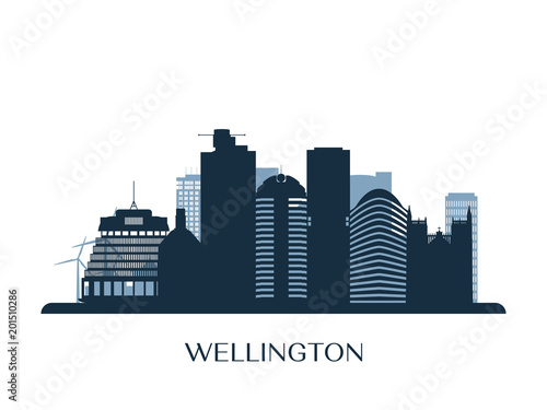 Wellington skyline, monochrome silhouette. Vector illustration.