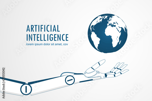 AI robot hand holding the planet earth.