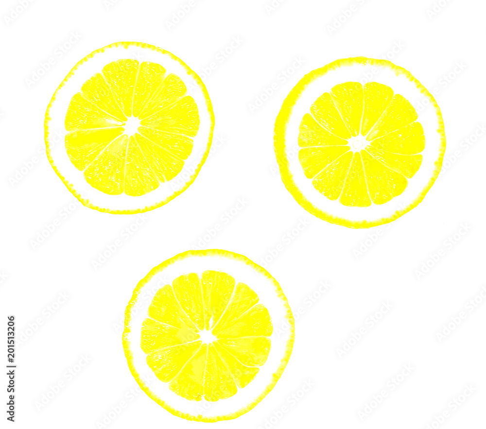 fresh organic heap of cut yellow lemon isolated on white background, slices, the taste is sour and sweet , from the garden, cooking, good health, can make smoothie in summer with front view